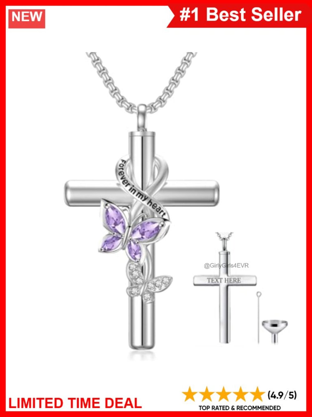 Butterfly Cross Urn Necklace 925 Sterling Silver Memorial Keepsake for Ashes